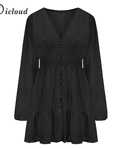 Daytime Deep Plunge V Neck Ruche Ruffle Dress DAYTIME DRESSES Color: Black Size: XL
