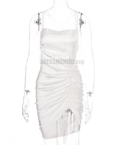 Tulip Hem Satin Drawstring Ruched Mini Strap Bodycon Backless Cross Dress SATIN TULIP HEM MINI DRESSES Color: White Size: M