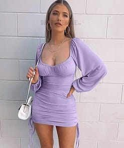 Bodycon Rushed Drawstring Puff Sleeve Mini Dress BEST BODYCON DRESSES Color: Purple Size: L