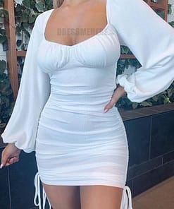 Bodycon Rushed Drawstring Puff Sleeve Mini Dress BEST BODYCON DRESSES Color: White Size: L