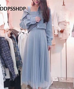 Fashion 2019 Women Dress with Out Wear Apricot Blue Pink Color Two Piece Suit Spring Female Dresses DRESSES FOR WORK Color: Blue Size: L