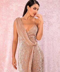Deep Plunge Maxi Dress With Front Side Split Gold Sequins Party Dress DEEP PLUNGE MAXI DRESSES WITH FRONT SPLIT color: ROSE GOLD
