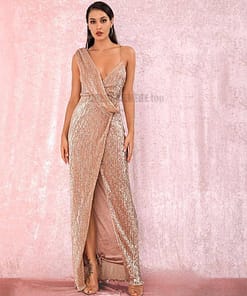 Deep Plunge Maxi Dress With Front Side Split Gold Sequins Party Dress DEEP PLUNGE MAXI DRESSES WITH FRONT SPLIT color: ROSE GOLD