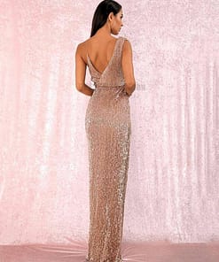 Deep Plunge Maxi Dress With Front Side Split Gold Sequins Party Dress DEEP PLUNGE MAXI DRESSES WITH FRONT SPLIT color: ROSE GOLD