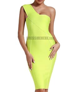 Neon Bandage One Shoulder Green Evening Party Dress NEON ZIP UP DRESSES color: Black|Blue|Neon Green|Neon Orange|Neon Pink|White