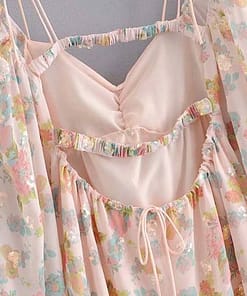 Pearls Buckle Pink Floral Print Sequined Mini Short Dress - Image 7