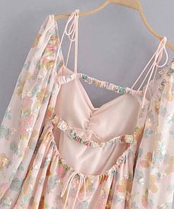 Pearls Buckle Pink Floral Print Sequined Mini Short Dress - Image 6