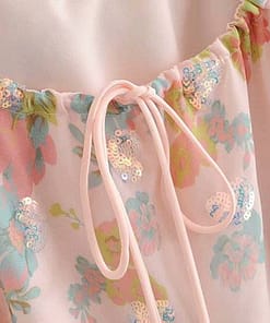 Pearls Buckle Pink Floral Print Sequined Mini Short Dress - Image 8