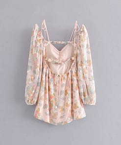 Pearls Buckle Pink Floral Print Sequined Mini Short Dress - Image 5