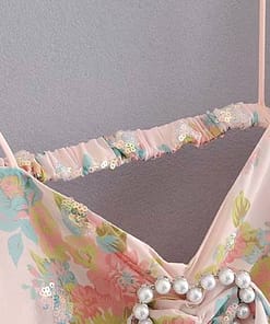 Pearls Buckle Pink Floral Print Sequined Mini Short Dress - Image 3