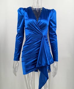 Sexy Red Satin Puff Long sleeve Bodycon Dress women summer Elegant silk autumn club party Dress wrap Fold Mini Dresses Vestidos SATIN TULIP HEM MINI DRESSES color: Blue|Red