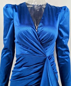 Sexy Red Satin Puff Long sleeve Bodycon Dress women summer Elegant silk autumn club party Dress wrap Fold Mini Dresses Vestidos SATIN TULIP HEM MINI DRESSES color: Blue|Red