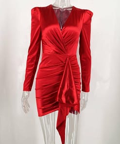 Sexy Red Satin Puff Long sleeve Bodycon Dress women summer Elegant silk autumn club party Dress wrap Fold Mini Dresses Vestidos SATIN TULIP HEM MINI DRESSES color: Blue|Red