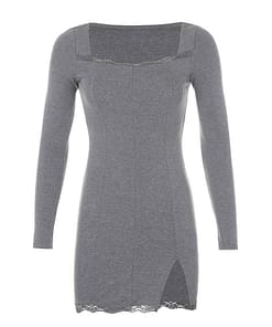 Darlingaga Square Neck Lace Patchwork Bodycon Black Dress Women Elegant Cotton Fashion Side Split Autumn Dress Mini Ladies Basic THUMB HOLE DRESSES color: Black|Black-Short Sleeve|Grey|Red|White