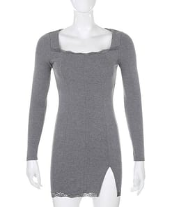 Darlingaga Square Neck Lace Patchwork Bodycon Black Dress Women Elegant Cotton Fashion Side Split Autumn Dress Mini Ladies Basic THUMB HOLE DRESSES color: Black|Black-Short Sleeve|Grey|Red|White