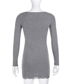 Darlingaga Square Neck Lace Patchwork Bodycon Black Dress Women Elegant Cotton Fashion Side Split Autumn Dress Mini Ladies Basic THUMB HOLE DRESSES color: Black|Black-Short Sleeve|Grey|Red|White