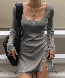 Darlingaga Square Neck Lace Patchwork Bodycon Black Dress Women Elegant Cotton Fashion Side Split Autumn Dress Mini Ladies Basic THUMB HOLE DRESSES color: Black|Black-Short Sleeve|Grey|Red|White