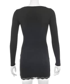 Darlingaga Square Neck Lace Patchwork Bodycon Black Dress Women Elegant Cotton Fashion Side Split Autumn Dress Mini Ladies Basic THUMB HOLE DRESSES color: Black|Black-Short Sleeve|Grey|Red|White