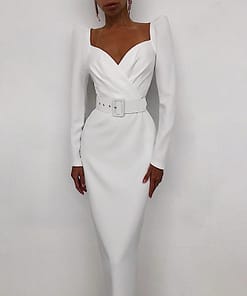 Elegant Buckle Belt V Neck Long Puff Sleeve Mid Calf Pencil Dress BUCKLE DRESSES Color: White Size: M
