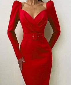 Elegant Party Women Dress Slim V Neck Long Sleeve Mid Calf Pencil Dress Office Red Puff Sleeve BUCKLE DRESSES color: Black|Red|White