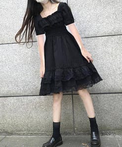 Japanese Harajuku Summer Women Black Mini Dress Square Collar High Waist Puff Sleeve Dress Gothic Lace Ruffles Cosplay Dresses SEXY GOTH DRESSES color: Long Sleeve|Short Sleeve