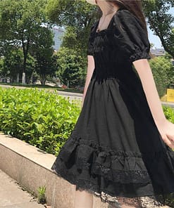 Japanese Harajuku Summer Women Black Mini Dress Square Collar High Waist Puff Sleeve Dress Gothic Lace Ruffles Cosplay Dresses SEXY GOTH DRESSES color: Long Sleeve|Short Sleeve