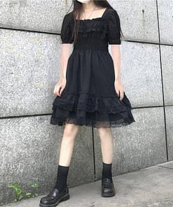 Japanese Harajuku Summer Women Black Mini Dress Square Collar High Waist Puff Sleeve Dress Gothic Lace Ruffles Cosplay Dresses SEXY GOTH DRESSES color: Long Sleeve|Short Sleeve