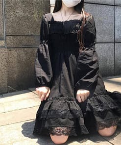 Japanese Harajuku Summer Women Black Mini Dress Square Collar High Waist Puff Sleeve Dress Gothic Lace Ruffles Cosplay Dresses SEXY GOTH DRESSES color: Long Sleeve|Short Sleeve