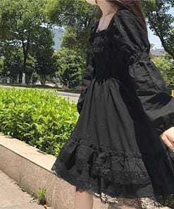 Japanese Harajuku Summer Women Black Mini Dress Square Collar High Waist Puff Sleeve Dress Gothic Lace Ruffles Cosplay Dresses SEXY GOTH DRESSES color: Long Sleeve|Short Sleeve