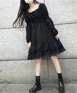 Japanese Harajuku Summer Women Black Mini Dress Square Collar High Waist Puff Sleeve Dress Gothic Lace Ruffles Cosplay Dresses SEXY GOTH DRESSES color: Long Sleeve|Short Sleeve