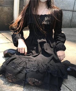 Japanese Harajuku Summer Women Black Mini Dress Square Collar High Waist Puff Sleeve Dress Gothic Lace Ruffles Cosplay Dresses SEXY GOTH DRESSES color: Long Sleeve|Short Sleeve