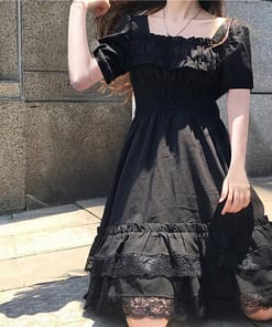 Sexy Goth Dress Mini Puff Sleeve Dress Lace Ruffles Dress