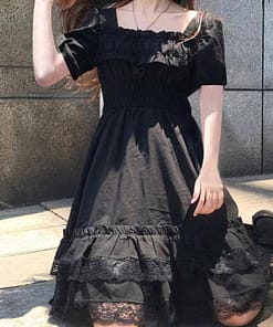 Japanese Harajuku Summer Women Black Mini Dress Square Collar High Waist Puff Sleeve Dress Gothic Lace Ruffles Cosplay Dresses SEXY GOTH DRESSES color: Long Sleeve|Short Sleeve