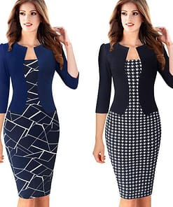 Nice-forever One-piece Faux Jacket Vintage Elegant Patterns Work dress Office Bodycon Female 3/4 Sleeve Sheath Women Dress b237 BEST BODYCON DRESSES color: Black and Flower|Blk and houndstooth|Light pink|Navy and white