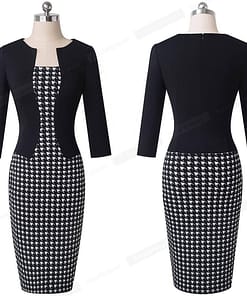 Nice-forever One-piece Faux Jacket Vintage Elegant Patterns Work dress Office Bodycon Female 3/4 Sleeve Sheath Women Dress b237 BEST BODYCON DRESSES color: Black and Flower|Blk and houndstooth|Light pink|Navy and white