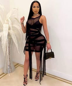 Ribbons Mesh See Through Bodycon Party Dresses Summer Women Sexy Clubwear Mini Dress Solid Sleeveless Female Outfits Vestidos BEST BODYCON DRESSES color: C|D|E|F|G|H|I|J|K|L1|N|O|P|Q|R|S1|T|U
