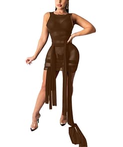Ribbons Mesh See Through Bodycon Party Dresses Summer Women Sexy Clubwear Mini Dress Solid Sleeveless Female Outfits Vestidos BEST BODYCON DRESSES Color: N Size: 4XL