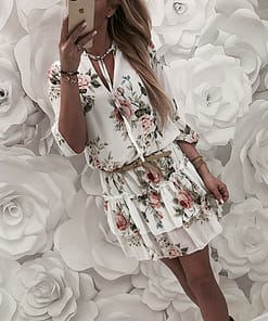 Daytime Vintage Wrap V-Neck Floral Print Dress Elegant Beach Mini Sundress DAYTIME DRESSES Color: White Size: XXL
