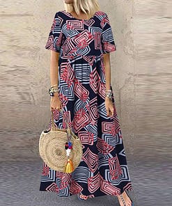 ZANZEA Fashion Summer Maxi Dress Women’s Printed Sundress Casual Short Sleeve Vestidos Female High Waist Robe Femme NEON COLOR DRESSES Color: A2 Red Rayon Size: 4XL
