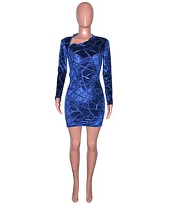 Long Sleeve Zip Up Dress Mini Side Slit Velvet Dress LONG SLEEVE ZIP UP DRESSES Color: Blue Size: S