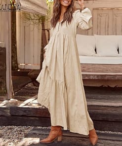 Bohemian Shirt Dress Women’s Maxi Sundress ZANZEA 2021 Spring Elegant Casual V Neck Ruflle Vestido Female Long Sleeve Tunic Robe PLUS SIZE BOHO MAXI DRESSES color: A Beige|A Black|A Wine Red|B Blue|B Wine Red|B Yellow|C Black|C White|C Yellow