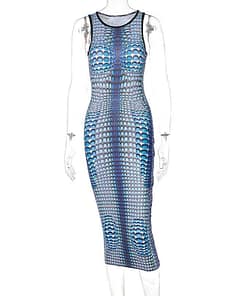 Chicology 2021 Women Summer Dress Snake Tie Dye 3D Print Sleeveless Midi Round Neck Y2K Bodycon Elegant Dresses BLUE SNAKESKIN DRESSES color: Blue