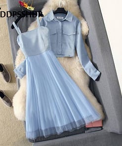 Fashion 2019 Women Dress with Out Wear Apricot Blue Pink Color Two Piece Suit Spring Female Dresses DRESSES FOR WORK color: apricot|Blue|Pink