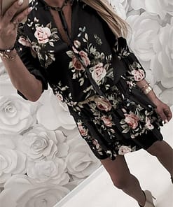 Vintage Women’s Wrap Summer V-Neck Boho Floral Print Dress Elegant Ladies Holiday Beach Mini Sundress Plus Size DAYTIME DRESSES color: Black|White