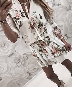 Vintage Women’s Wrap Summer V-Neck Boho Floral Print Dress Elegant Ladies Holiday Beach Mini Sundress Plus Size DAYTIME DRESSES color: Black|White