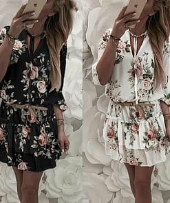 Vintage Women’s Wrap Summer V-Neck Boho Floral Print Dress Elegant Ladies Holiday Beach Mini Sundress Plus Size DAYTIME DRESSES color: Black|White
