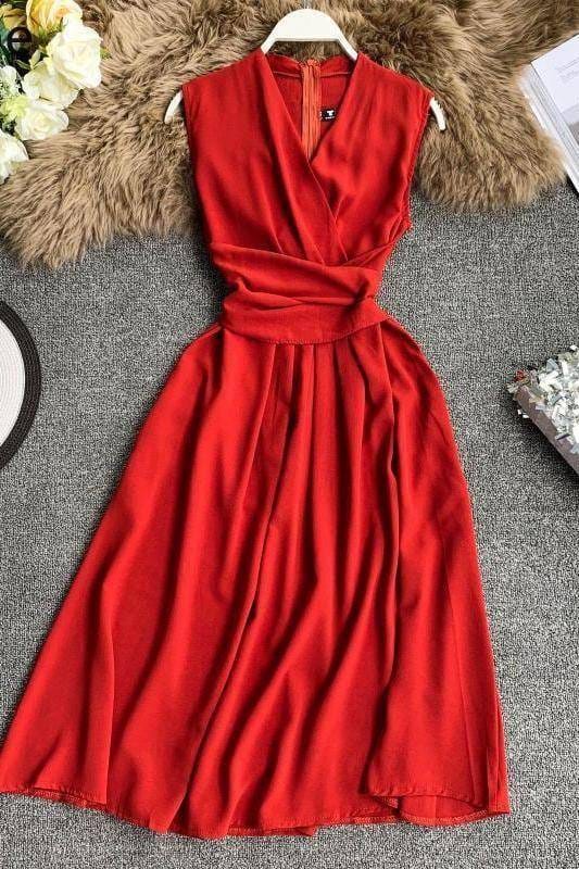 Fit And Flare Sleeveless Cross Drawstring Dress For Work DRESSES FOR WORK color: Black|Burgundy|Green|Khaki|Light blue|Pink|Yellow