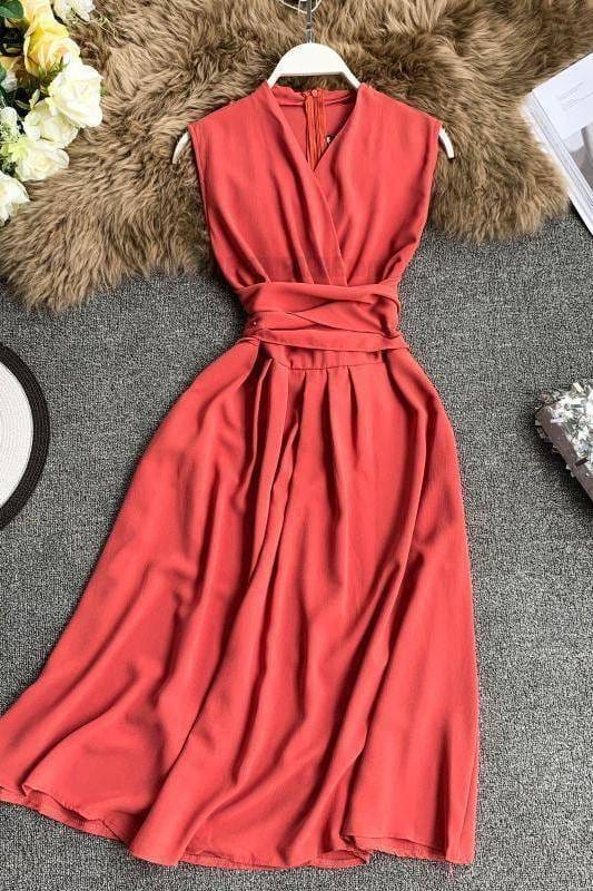 Fit And Flare Sleeveless Cross Drawstring Dress For Work DRESSES FOR WORK color: Black|Burgundy|Green|Khaki|Light blue|Pink|Yellow