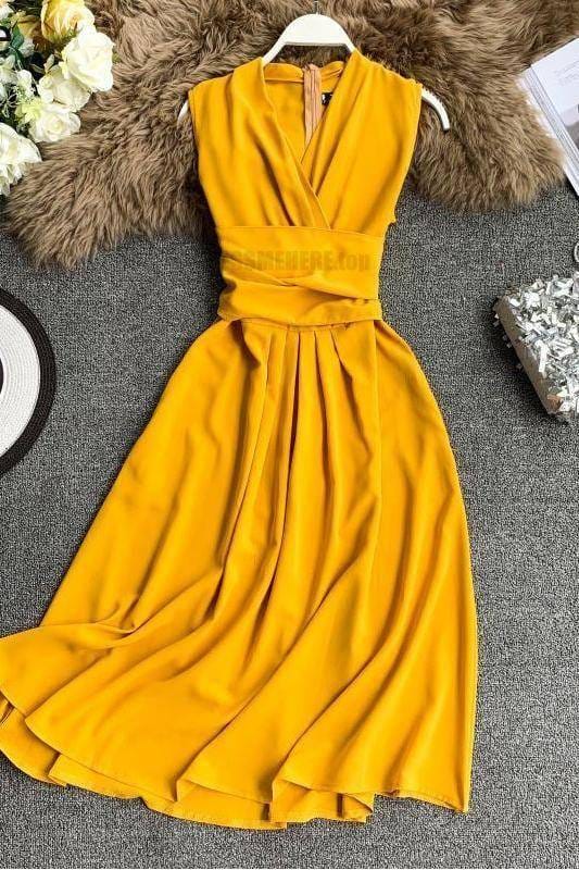 Fit And Flare Sleeveless Cross Drawstring Dress For Work DRESSES FOR WORK color: Black|Burgundy|Green|Khaki|Light blue|Pink|Yellow