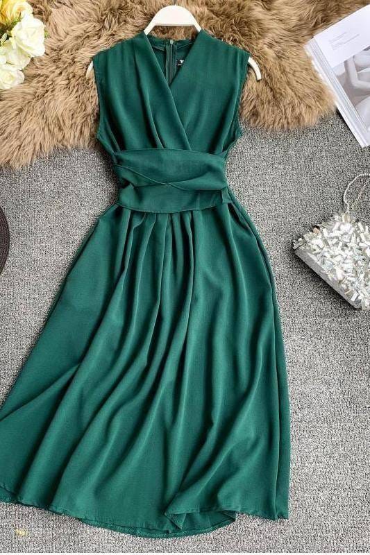 Fit And Flare Sleeveless Cross Drawstring Dress For Work DRESSES FOR WORK color: Black|Burgundy|Green|Khaki|Light blue|Pink|Yellow